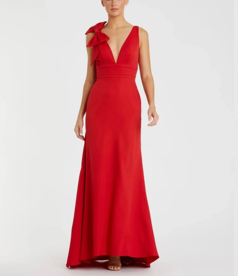 Mac Duggal Sleeveless V Neck Bow Detail Mermaid Red Gown Dress Sz 8 NWT 49454